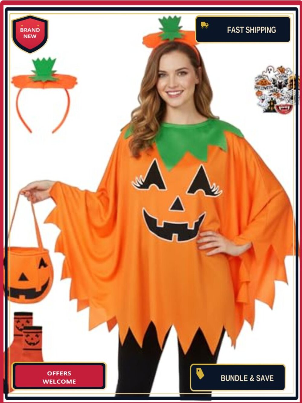 5PCS Pumpkin Halloween Costume Set Adult Poncho Cape Headband Bag Socks